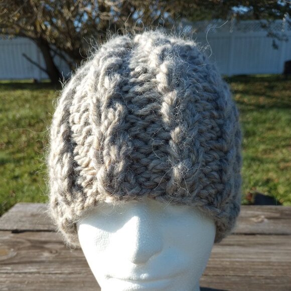 Alpaca Beanie Skully Hat Men Thick Chunky Hand Knit Wool Rib Barn Owl Beige L XL - Picture 2 of 9